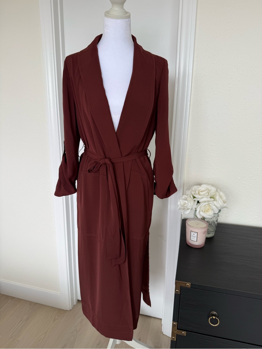 DR2 Long Wrap Duster in Merlot. Pre-Loved SzSm